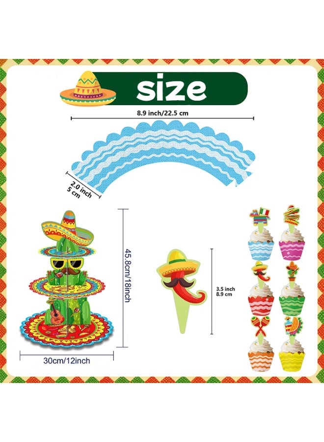 ILovhaprty 25pcs Mexican Fiesta Cake Decoration Set – 3-Tier Cinco de Mayo Cake Stand with Cupcake Wrappers and Cake Toppers, Cinco de Mayo Party Supplies for Mexican Fiesta Dessert Table Decorations - Image 4